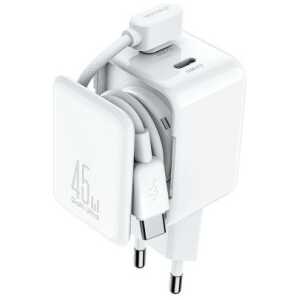 Joyroom Travel Charger GaN Fast Charger C+C, 45W, PD, PPS, UFCS, with Bulit-in Cable Organizer, White (JR-TCL05)