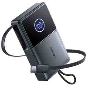 Joyroom Power Bank with Digital Display, C+U+U, PD 22.5W, 10000 mAh with Built-in Retractable Type-C cable (0.7m), Black (JR-PR1)