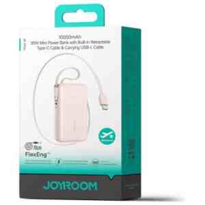 Joyroom Power Bank with Digital Display, C+U+U, PD 35W, 10000 mAh with Built-in Retractable Type-C and Lightning Lanyard cable (0.7m), Pink (JR-PR2L)