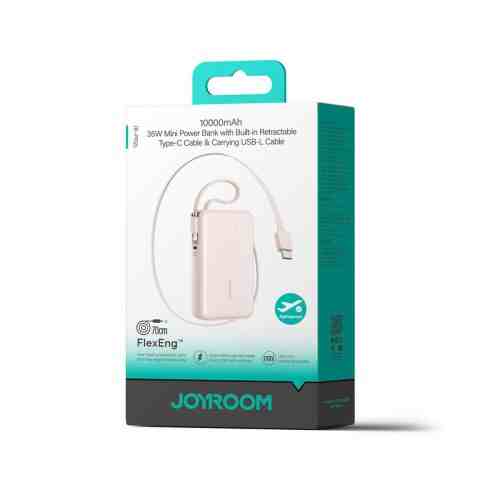 Joyroom Power Bank with Digital Display, C+U+U, PD 35W, 10000 mAh with Built-in Retractable Type-C and Lightning Lanyard cable (0.7m), Pink (JR-PR2L)