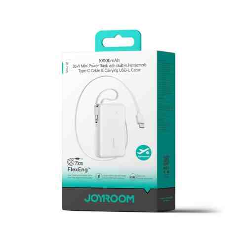 Joyroom Power Bank with Digital Display, C+U+U, PD 35W, 10000 mAh with Built-in Retractable Type-C and Lightning Lanyard cable (0.7m), White (JR-PR2L)