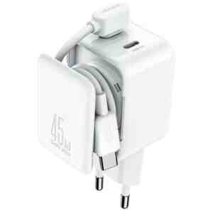 Joyroom Travel Charger GaN Fast Charger C+C, 45W, PD, PPS, UFCS, with Built-in Cable Organizer, White (JR-TCL05)