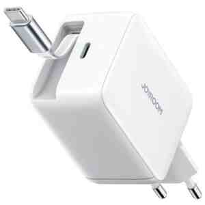 Joyroom Travel Charger GaN Fast Charger Type-C, 67W, PD 3.0, QC 5.0, PPS, UFCS, with Built-in Retractable Type-C cable (0.7m), White (JR-TCL06)