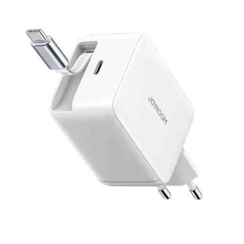 Joyroom Travel Charger GaN Fast Charger Type-C, 67W, PD 3.0, QC 5.0, PPS, UFCS, with Built-in Retractable Type-C cable (0.7m), White (JR-TCL06)