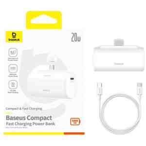 Baseus Power Bank Compact Fast charge Type-C inlet + Type-C outlet (with C+C cable) PD20W, 5000 mAh, White (P10068306213-00)