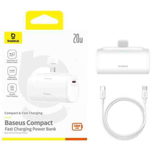 Baseus Power Bank Compact Fast charge Type-C inlet + Type-C outlet (with C+C cable) PD20W, 5000 mAh, White (P10068306213-00)