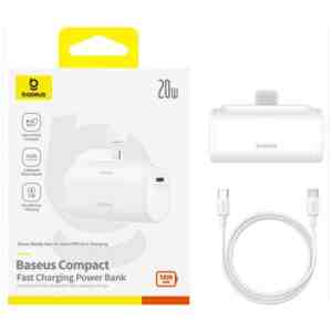 Baseus Power Bank Compact Fast charge Type-C inlet + Lightning outlet (with C+C cable) PD20W, 5000 mAh, White (P10068307213-00)
