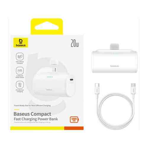 Baseus Power Bank Compact Fast charge Type-C inlet + Lightning outlet (with C+C cable) PD20W, 5000 mAh, White (P10068307213-00)