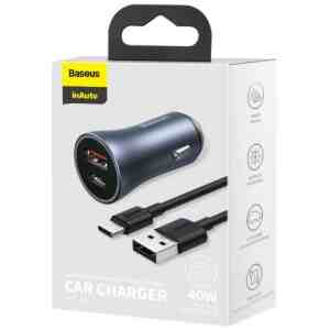 Baseus Car Charger Golden Contactor Pro Dual Quick Charger U+C, PD 3.0, QC 4+, SCP FCP AFC (with USB - Type C 1m cable) Gray (TZCCJD-0G)