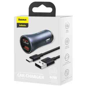 Baseus Car Charger Golden Contactor Pro with (USB/Type-C cable 5A), 2xUSB Quick Charge, SCP, FCP, AFC, 40W, Gray (TZCCJD-A0G)