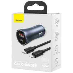 Baseus Car Charger Golden Contactor Pro Dual Quick Charger U+C, PD 3.0, QC 4+, SCP FCP AFC (With Type-C - Lightning 1m Black) 40W Dark Gray (TZCCJD-B0G)