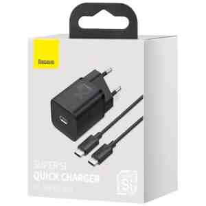 Baseus Travel Charger set Super Si 1C QC (With Mini Black Cable Type-C to Type-C 3A 1m) 25W EU Black (TZCCSUP-L01)